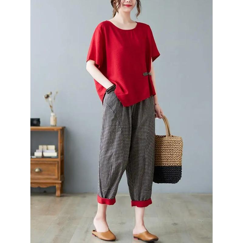 Sets Women Casual T Shirt Ankle Length Pants Summer Vintage Style Loose Pant Suits