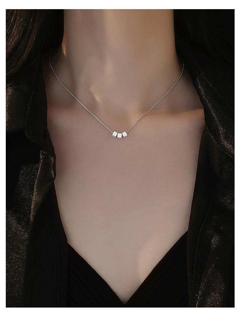 S999 Sterling Silver Brushed Square Pendant Necklace - Elegant, Minimalist Clavicle Chain for Women