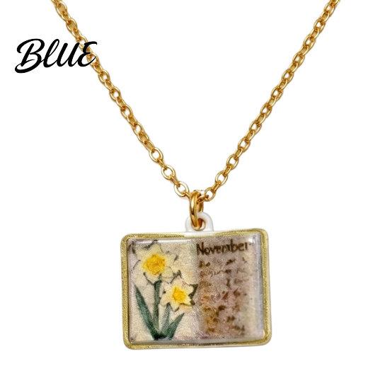 Stylish Women Necklace Birth Flower Necklace Floral Book Pendant January