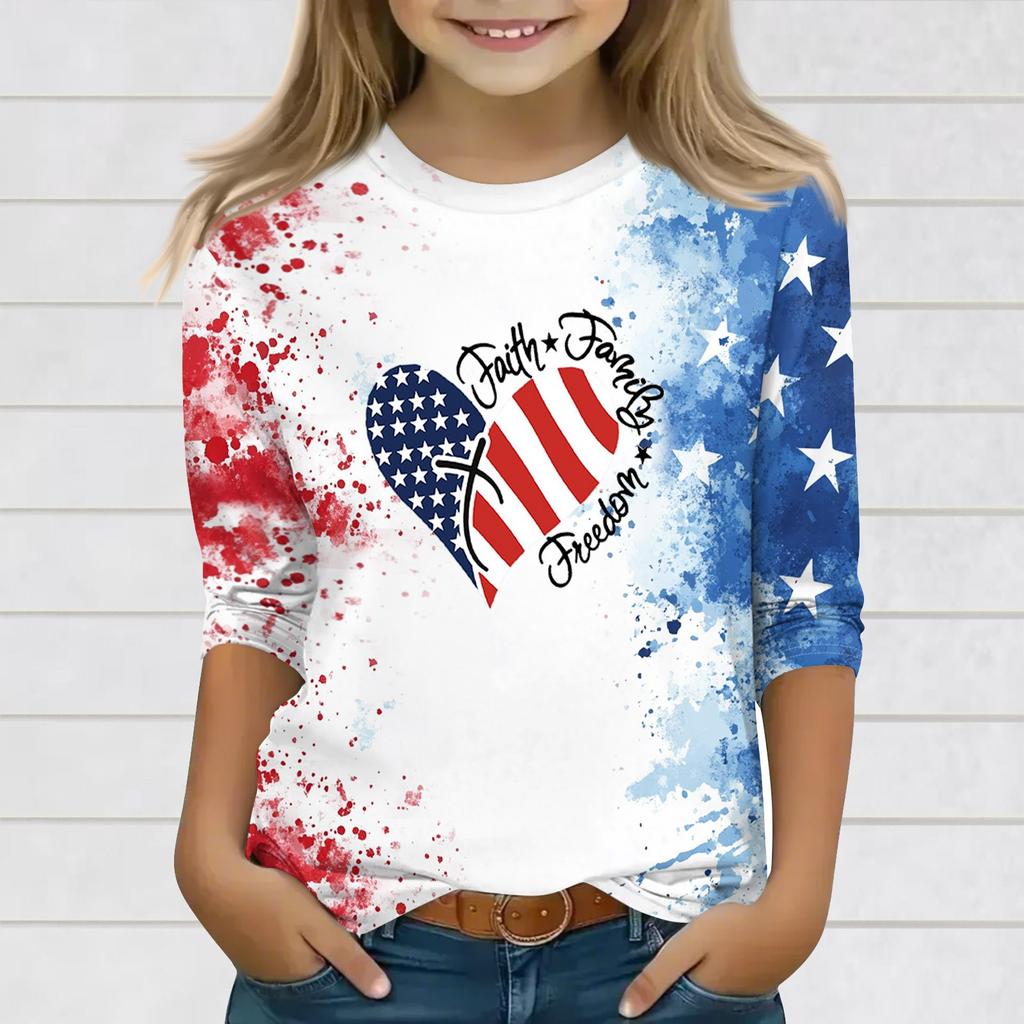 Print Tops For Youth Girls Round Neck 3/4 Sleeves T-Shirts Trendy Tops Outfit Tees