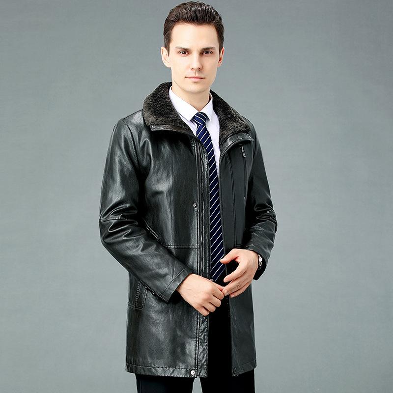 Winter Lammfell plus Fleece Herren Mid-Length Business Casual Jacke Papa's dicke Lederjacke