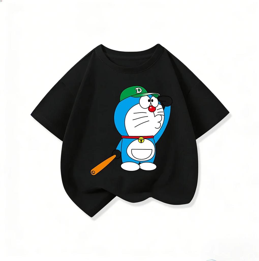 Kawaii Children Short Sleeve Tee Lovely Doraemon Print Soft Crew Neck Casual Daily Summer Outfit For Kids 3 To 14
