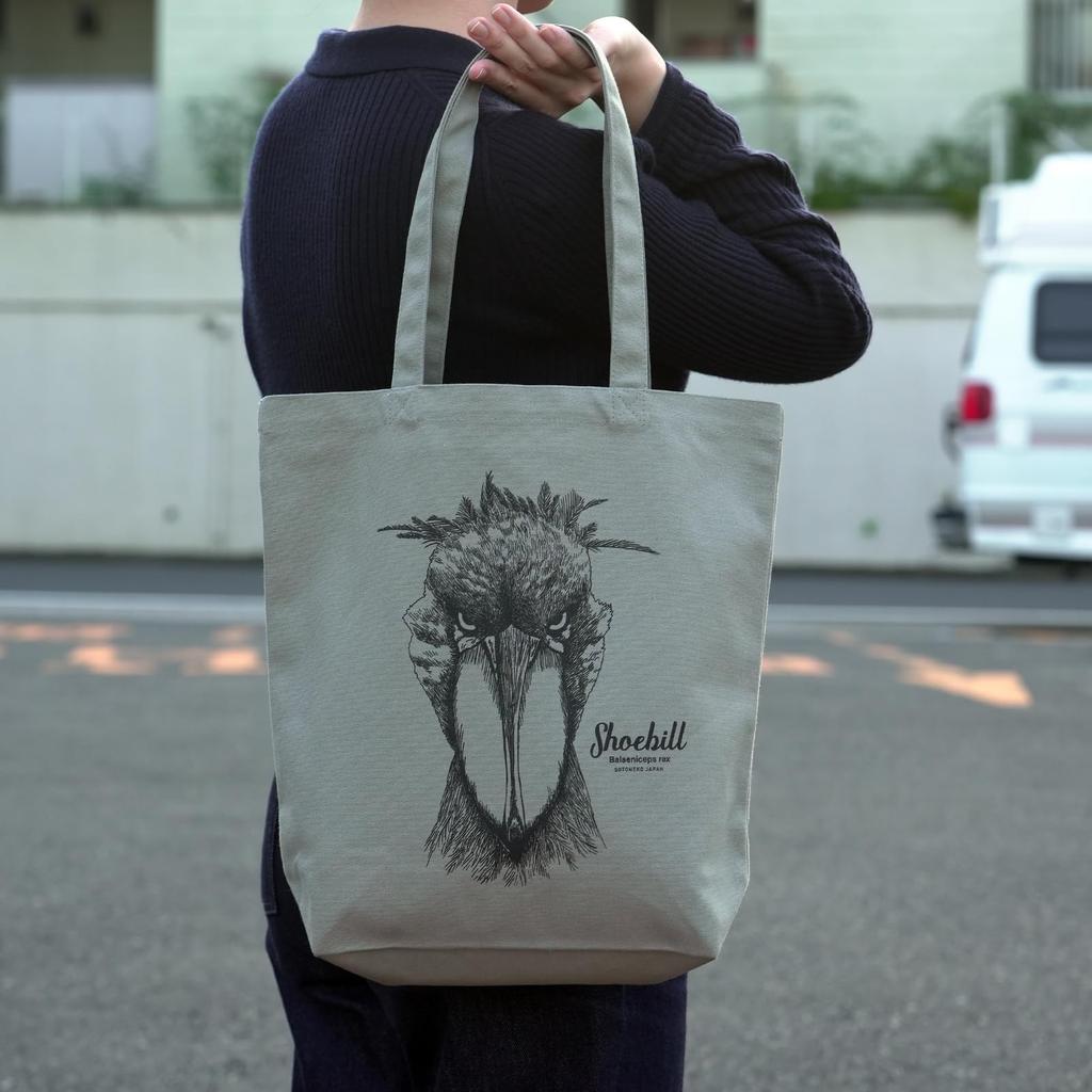 SOTONEKO JAPAN Tote Bag, Shoebill Design, Shoulder Bag, A4 Size, Vertical, Gusseted, Cotton, Men'sWomen's, Gray, Line Art Illustration