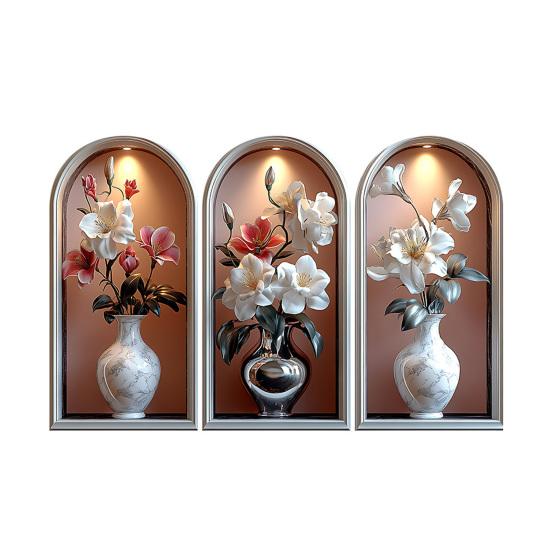 3 Pcs 3D Wall Vase Flower Wall Stickers Vintage Art Self-Adhesive Colorful