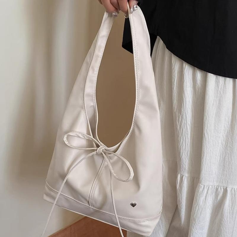 Korean Leather Hobo Bag Women's Bow Decorative Shoulder Bag Minimalist Solid Color Commuter Handbag Versatile Underarm Tote Bag