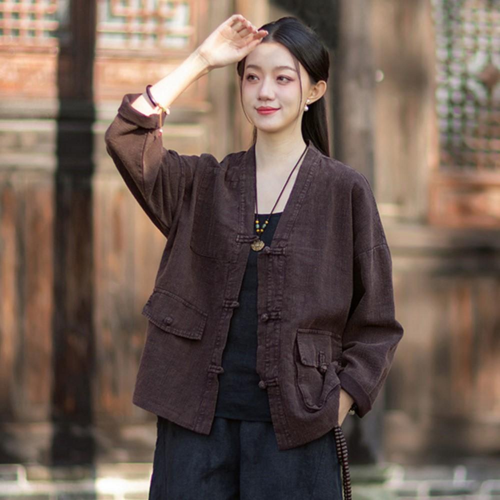 Johnature Women Vintage Shirts Tops Spring Chinese Style Button Blouses Patchwork Pockets Shirts