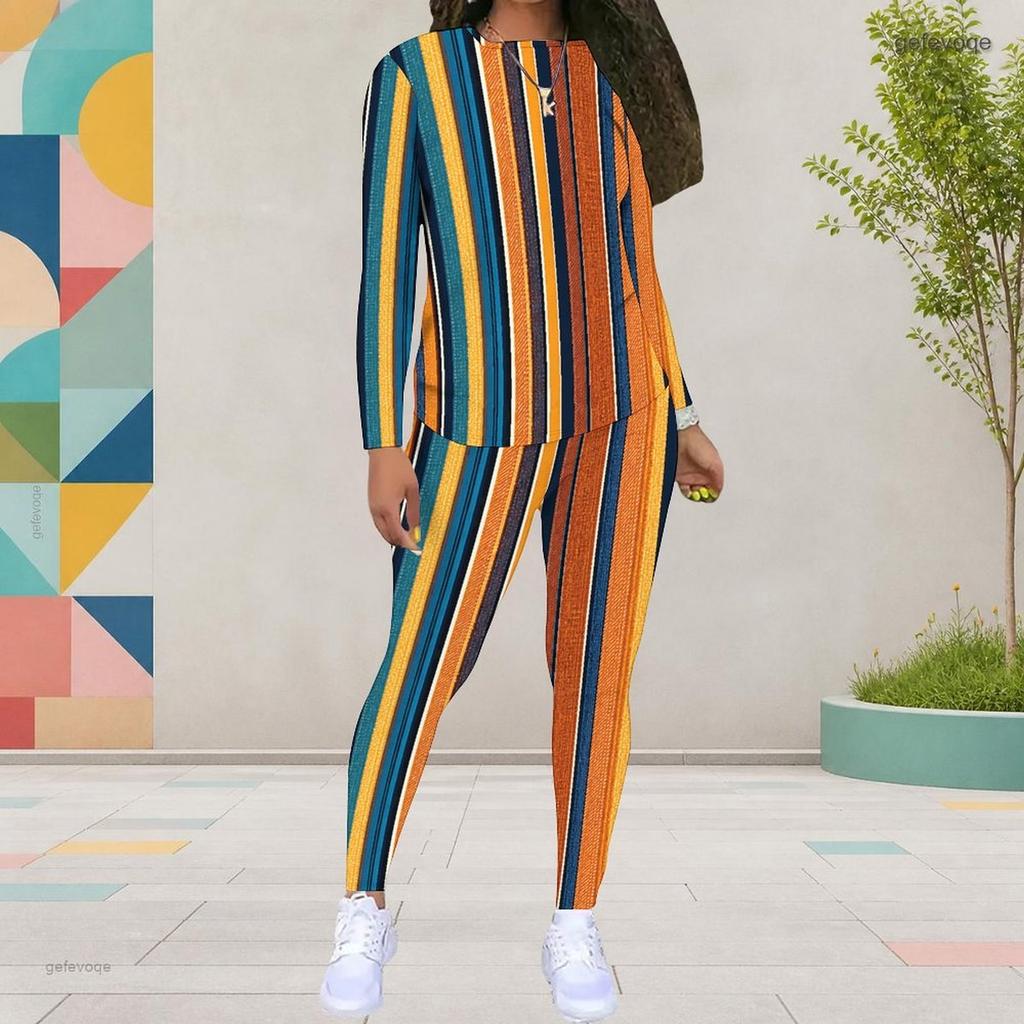 Women Plus Size White Printed Round Neck Long Sleeve Top Fitted Pants Two Piece Set