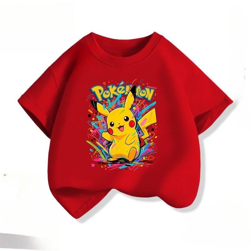 New Pokémon-themed Children's Cotton Short-sleeved T-shirt, Round Neck  Unisex, Casual Wear, Parent-child Set, Summer Clothing.