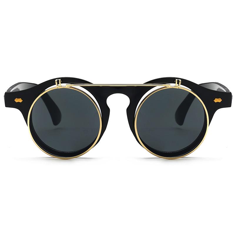 Retro Flip-Up Punk Steampunk Round Double-Layer Sunglasses European & American Trend 8008