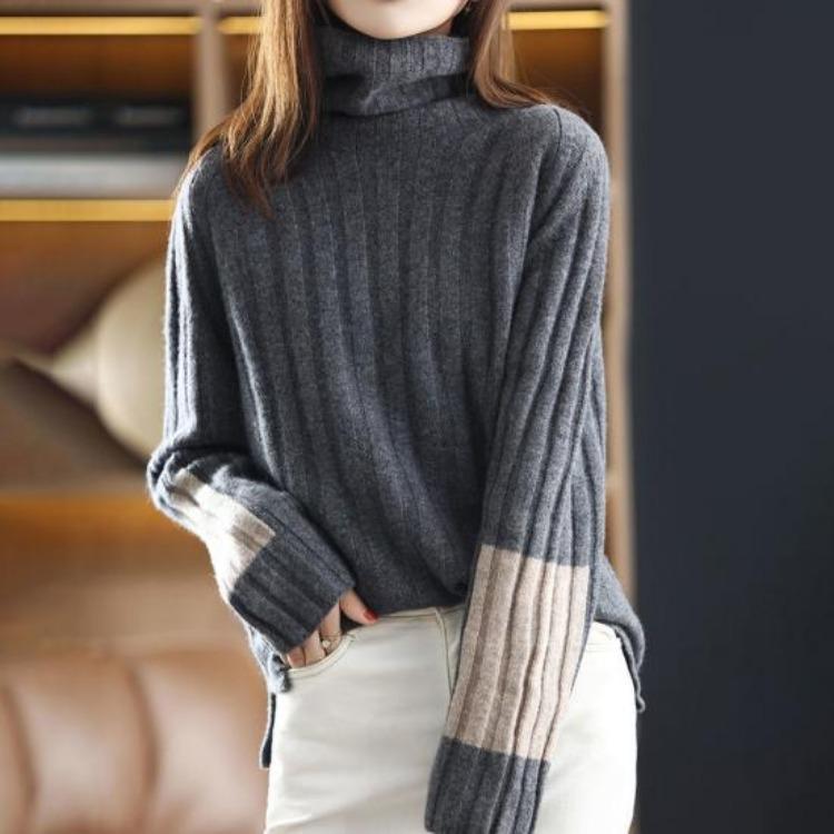 Women Warm Thick Soft Pullover Sweater Turtleneck Long Sleeve Knitted Color Block Patchwork Lady Winter Autumn Neck Protection