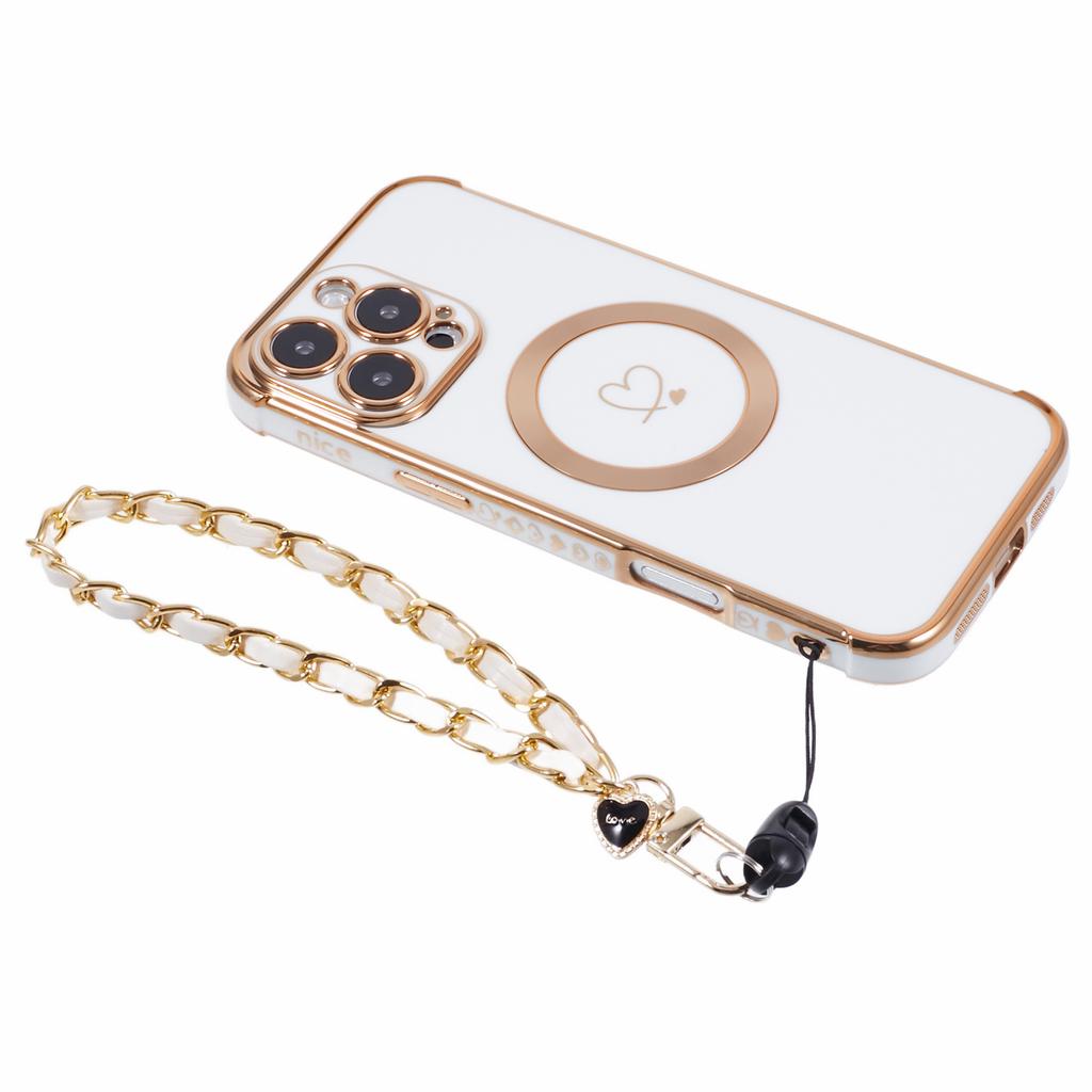 For iPhone 16 Pro Max Case Compatible with MagSafe Electroplated Love Hearts TPU Phone Cover with Chain Strap