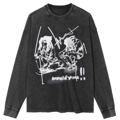 Streetwear Anime Cartoon  Graphic Washed Black T-Shirt Cotton Unisex Tops Tees Plus Size Long Sleeves T Shirt
