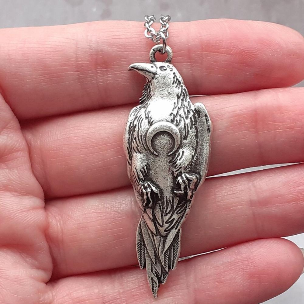 Viking Retro Silver Crescent Moon Raven Bird Dangle Earrings Necklace Set for Men Women Goth Halloween Pagan Witch Jewelry