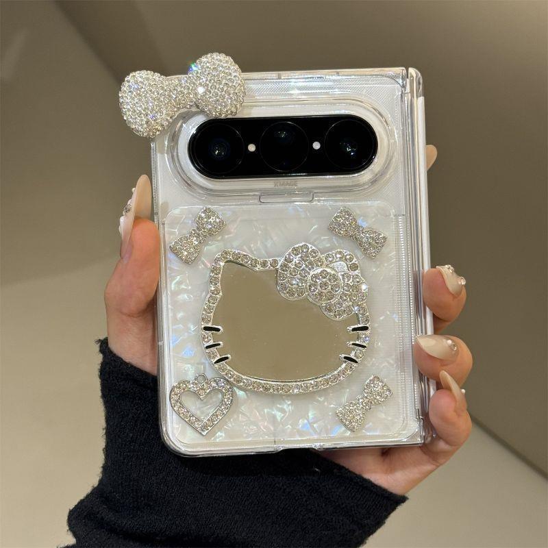 Kawaii KT Cat Makeup Mirror Phone Case Pura X Max Foldable Dual Hinge Shockproof TPU Cover With Chain