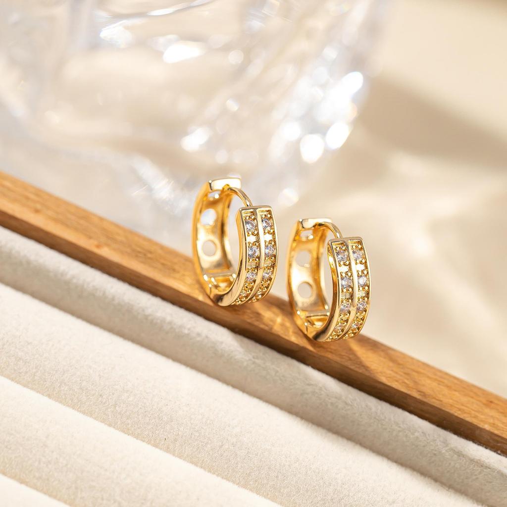 Elegant Geometric Double Row Rhinestone Zirconia Earrings for Women - Versatile Ear Cuff & Stud, INS Style