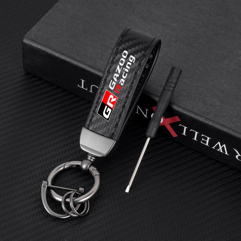 1PC Carbon fiber Car Keychain Key Ring Metal Leather For Toyota GR GAZOO RACING Toyota Yaris Hilux Corolla Prius Accessories