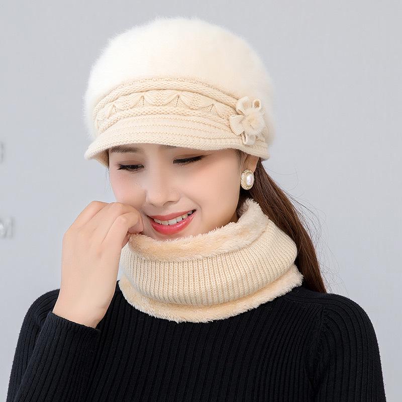 Women's Winter Rabbit Hair Knitted Hat, Snood, and Gloves Set - Fleece-Lined, Cold-Proof, Warm Wool for Middle-Aged and Elderly Moms