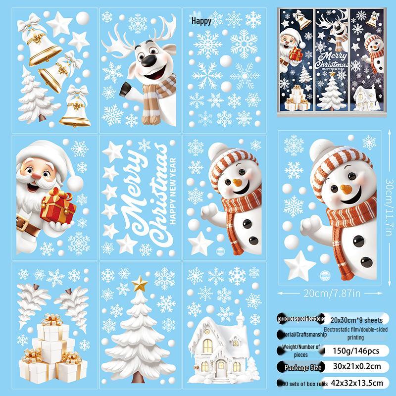 Christmas Snowflake and Reindeer Wall & Window Stickers - Static Santa Claus Decor for Refrigerator and Shops