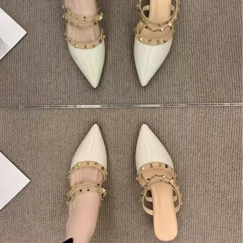 Fashion Baotou High-heeled Shoes Women's Fashion Pointed Toe Shallow Rivet Non-slip Square Heel Sandals and Slippers