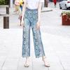 Lace Patchwork Plus Size Vintage Floral High Waist Casual Loose Women Summer Jeans Denim Wide Leg Pants