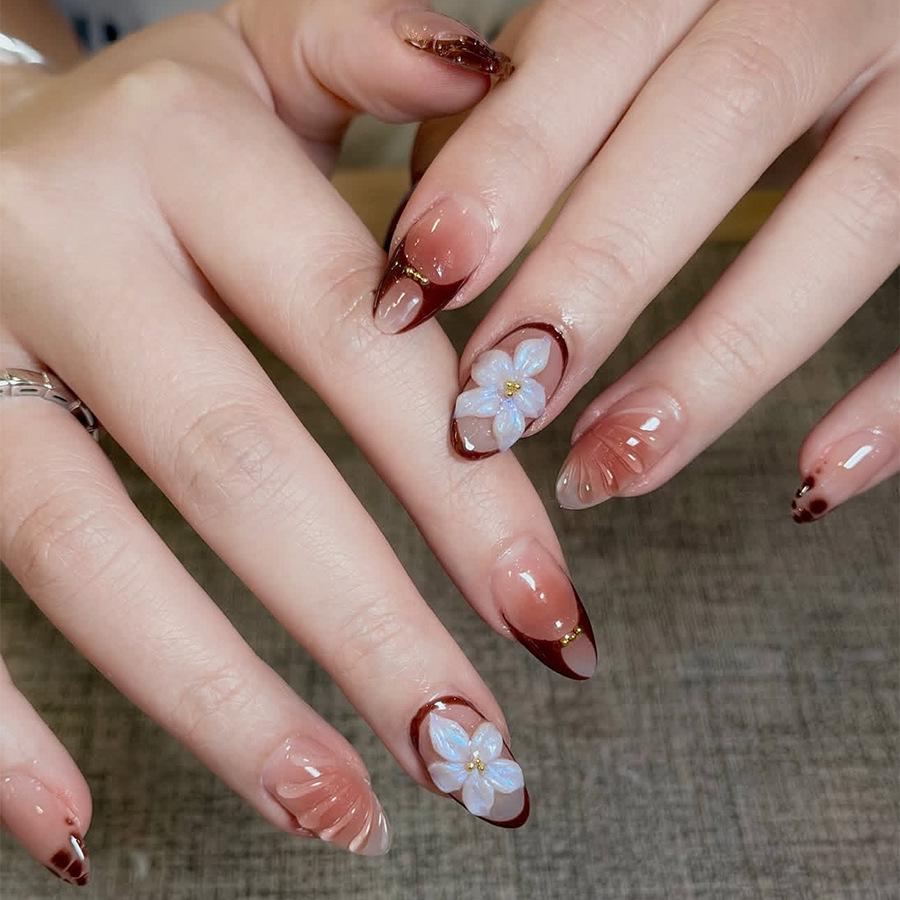 30-Piece Pink-Brown 3D Flower Gel Art French Short Wearable Nails Three Sets with Full Rhinestones