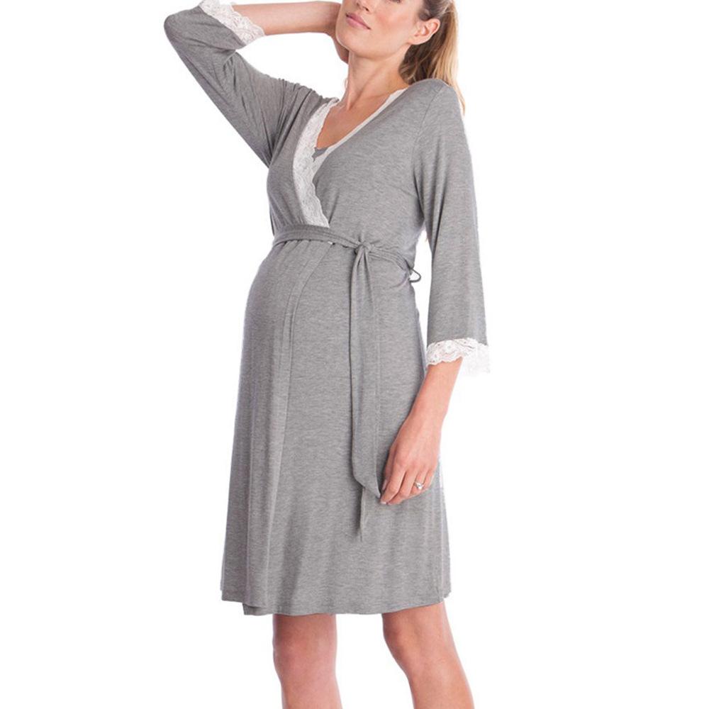 Women's V Neck Lace Trim 3/4 Sleeve Wrap Maternity Nursing Dress With Waist Tie