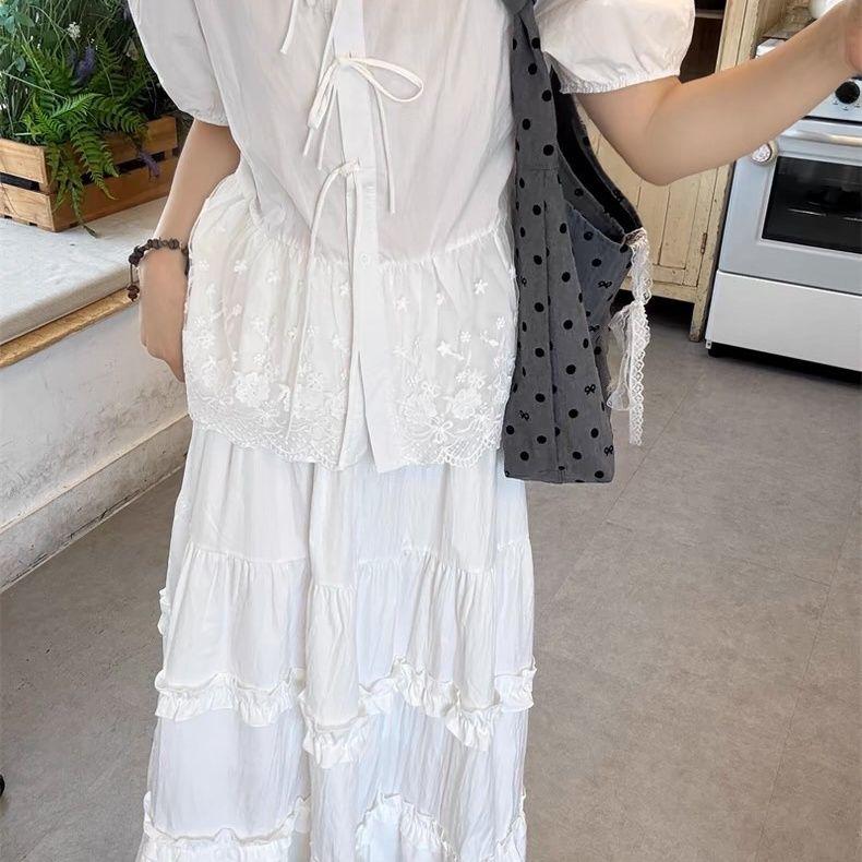 Modrá francouzská vintage košile s balónovými rukávy pro ženy letní splývavá volného střihu zakrývající bříško ležérní top