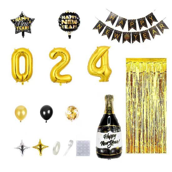 32 Inch 2024 New Year Balloons Set Letter Print Golden Starburst 2024 Number Balloons Party Decorations Set Party Supplies