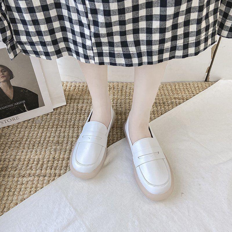 2025 Women's Versatile Soft Sole Flat Nurse Shoes - White Leather for Spring & Autumn