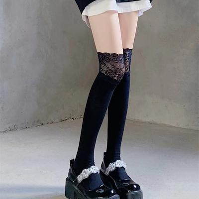 Women's Warm Over-the-knee Socks, Thick Socks, Long Socks, Non-, Solid Color, Lace Trim.
