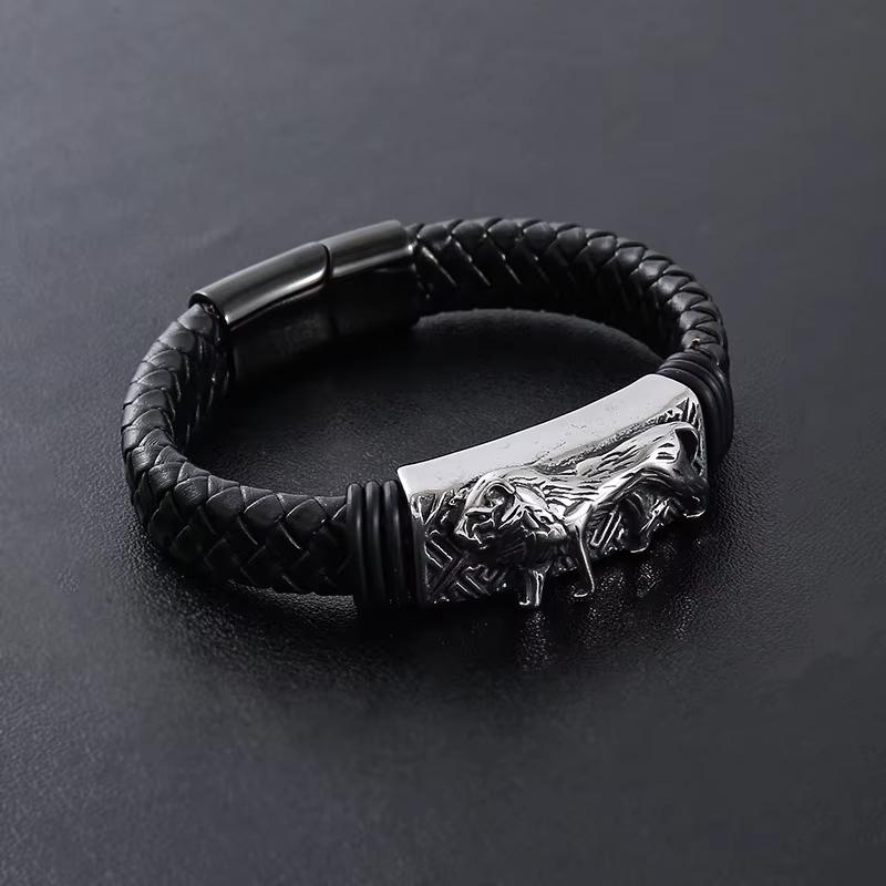 Punk Vintage Classic Tiger Leather Braided Stainless Steel Platinum Plated Bangles Men Magnetic Clasp Fashion Jewelry