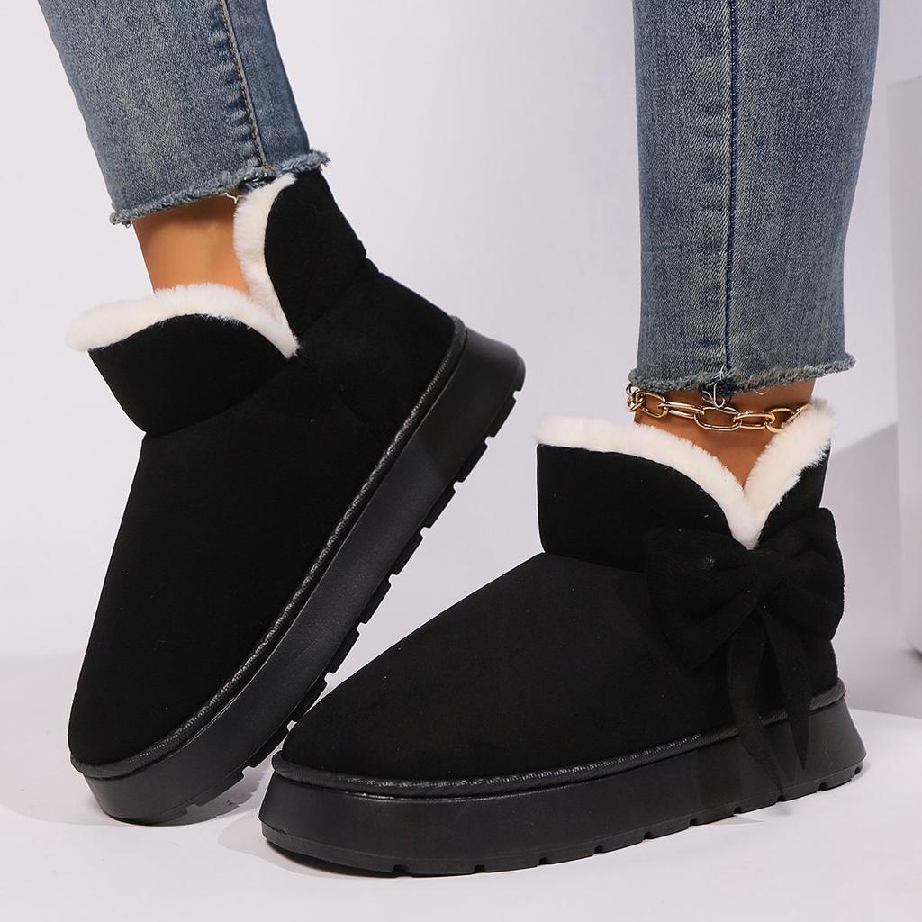 Cozy Plush-Lined Winter Snow Boots for Men and Women - Elegant Bow Detail, Soft Sole, Indoor/Outdoor Fashion Slippers