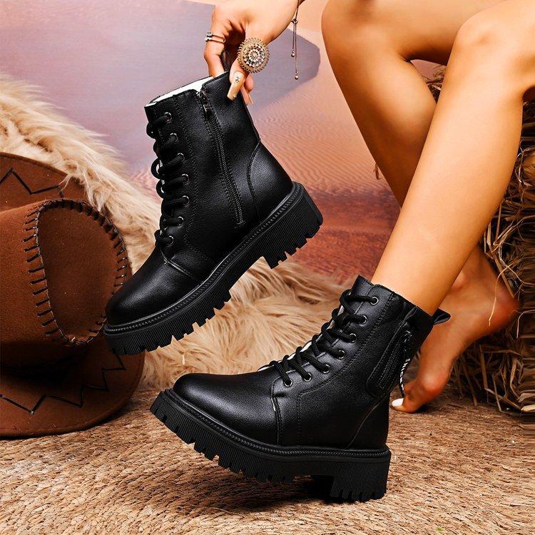 Women Platform Boots Short Plush Solid Color Lace Up Side Zipper Ankle Boots Winter Women Shoes Large Ladies' Shoes