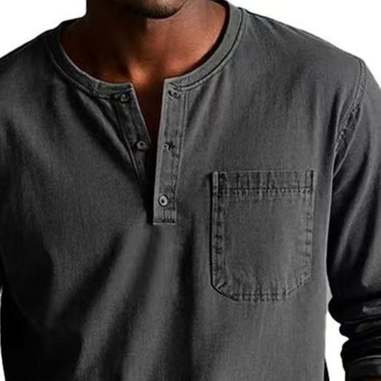 Men T-shirt Round Neck Buttons Collar Long Sleeve Tee Shirt with Front Pocket Solid Color Slim Fit Casual Tops