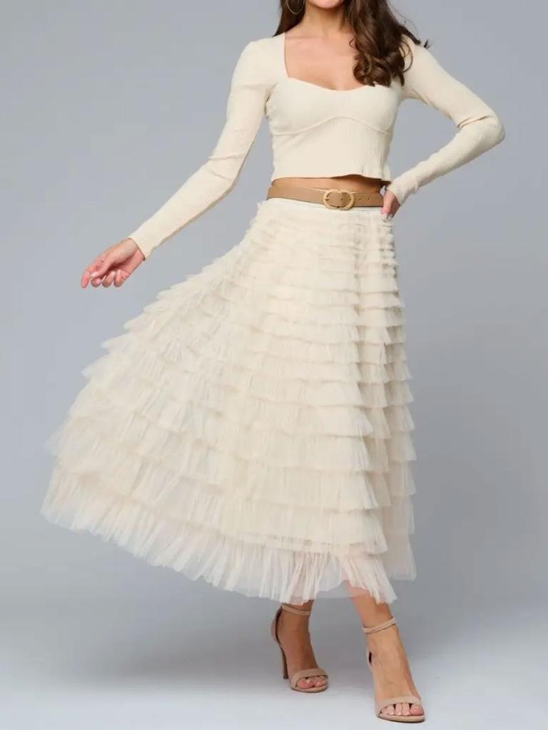 Elastic Waist Mesh Long Skirts for Women Elegant Vintage High Waist Ball Gown Gauze Cake Skirt Female Clothes