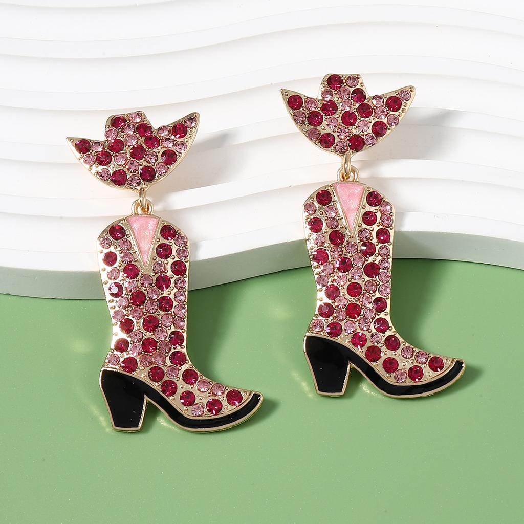European and American Fashion New Western Denim Wind Alloy Inlaid with Colored Diamond Earrings, Boots Dripping Oil Creative Design Earrings