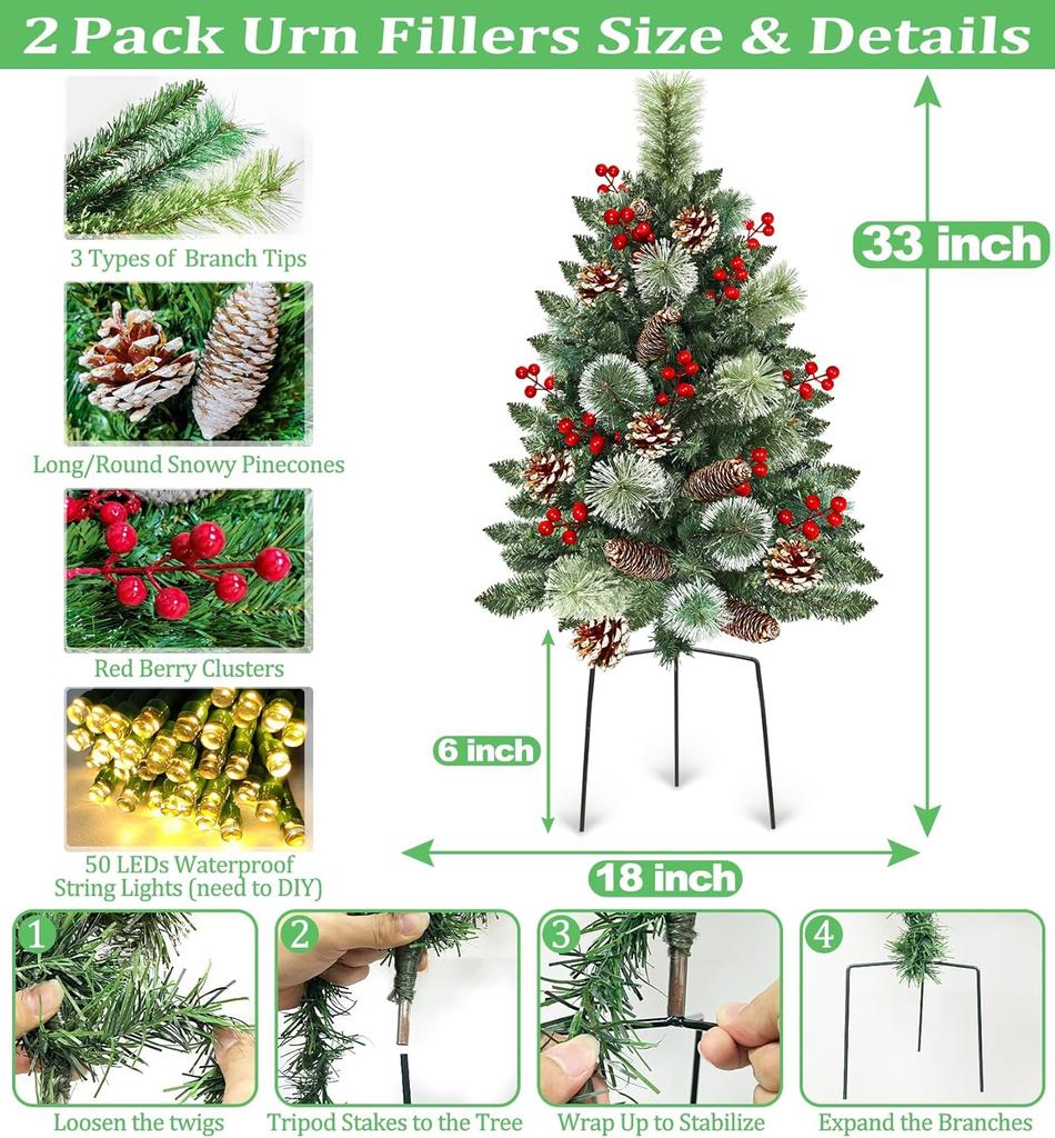 Outdoor Christmas Tree 2 Pack 33' with 50 Lights, 8 Modes Timer, Battery Operated, Pinecones & Berries for Yard, Porch, Planter
