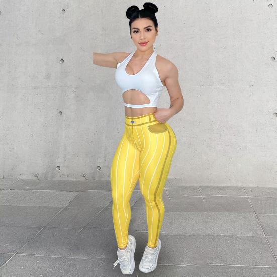 Dámské sportovní legíny s vysokým pasem s pruhovaným potiskem strečové kalhoty na jógu sexy přiléhavé imitace džínů cvičení posilovna kalhoty push up