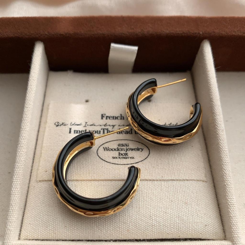 Gold Texture Black Gold Contrasting Earrings Earrings Simple Niche High-End Sense Light Luxury Unique Design Cold Wind Earrings