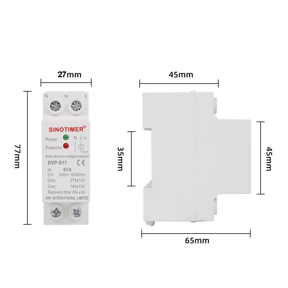 AC230V 63A MINI Size Din Rail Automatic Recovery Reconnect Over Under Voltage Relay Protective Breaker Voltage Protector Device