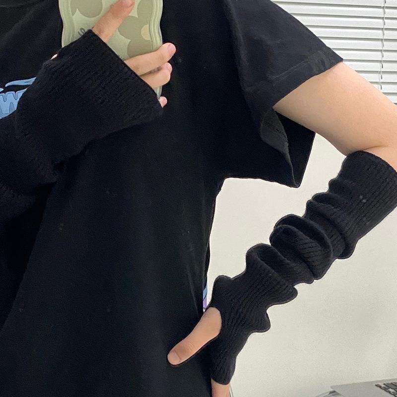 Hongzhi/Knitted Gloves Cool Autumn Warm Sleeves Women's Solid Color Sweet Hand Sleeves Open-toed Korean Wool Half Sleeves