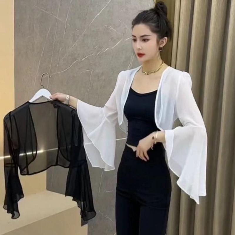 Women s Chic French Bell Sleeve Sun Protection Jacket - Stylish Summer Top L (~115 lbs)