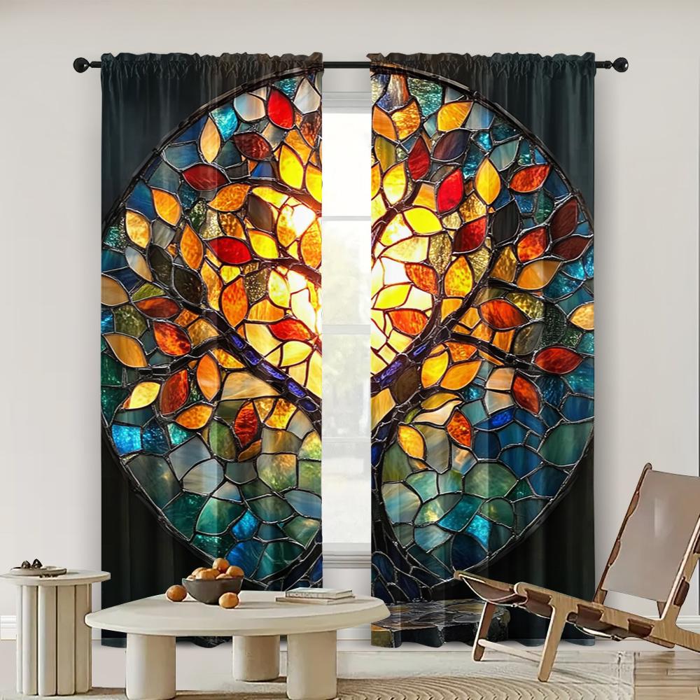 2pc,  Window Drapes Color Mosaic Tree Art 100% Polyester,Without Electricity Family Party Decoration Perfect for Holiday