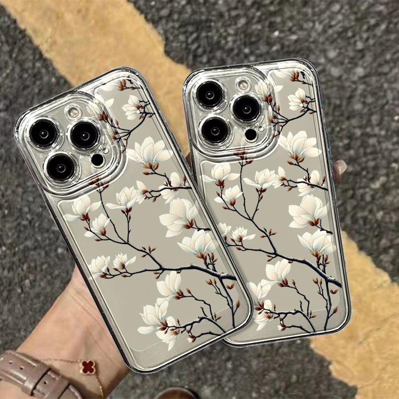 Magnolia branch pattern mobile phone case suitable for iPhone 17 16 15 14 13 12 11 Pro/ Max /Plus anti-fall and shockproof