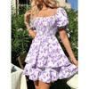 Summer Floral Print Square Neck Ruffled Puff Sleeve Vacation Dress