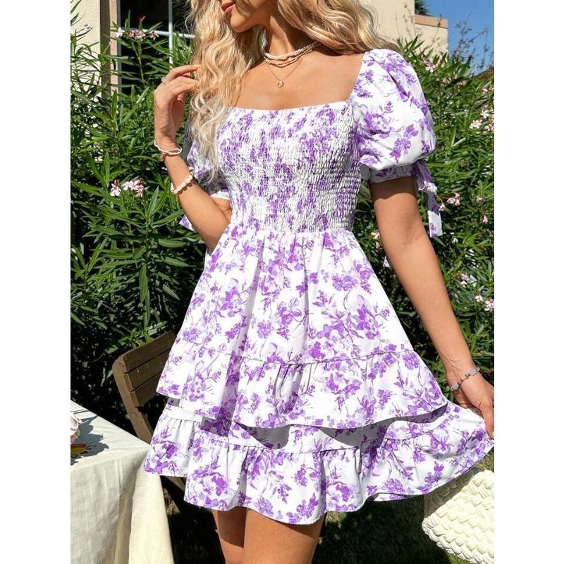 Summer Floral Print Square Neck Ruffled Puff Sleeve Vacation Dress