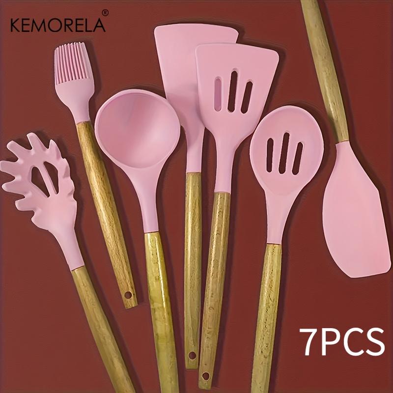 7PCS Heat-Resistant Silicone Kitchen Utensil Set with Wooden Handles - Food-Grade Cooking Tools for Cooking, Baking & Serving