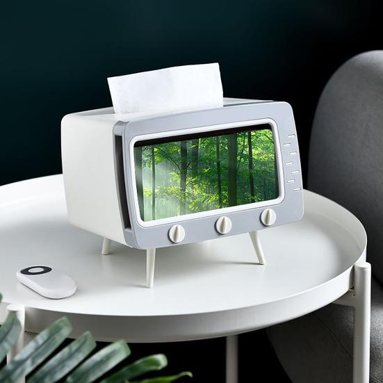 Tissue Box Holder Retro TV Shaped Tissue Case with Cell Phone Holder Multi-Functional Toilet Paper Napkin Dispenser for Room Bedroom Bathroom Dining