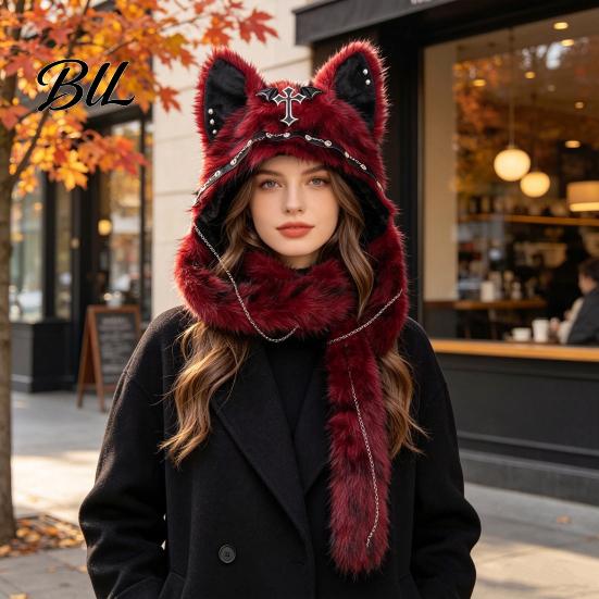 Accessoires de Cosplay Uniques Chapeau Animal en Peluche Mignon, Couvre-chef Oreilles de Chat Poilues, Chapeau Chaud d'Hiver Casquette Douce pour Costume de Fête d'Halloween, Couvre-chef