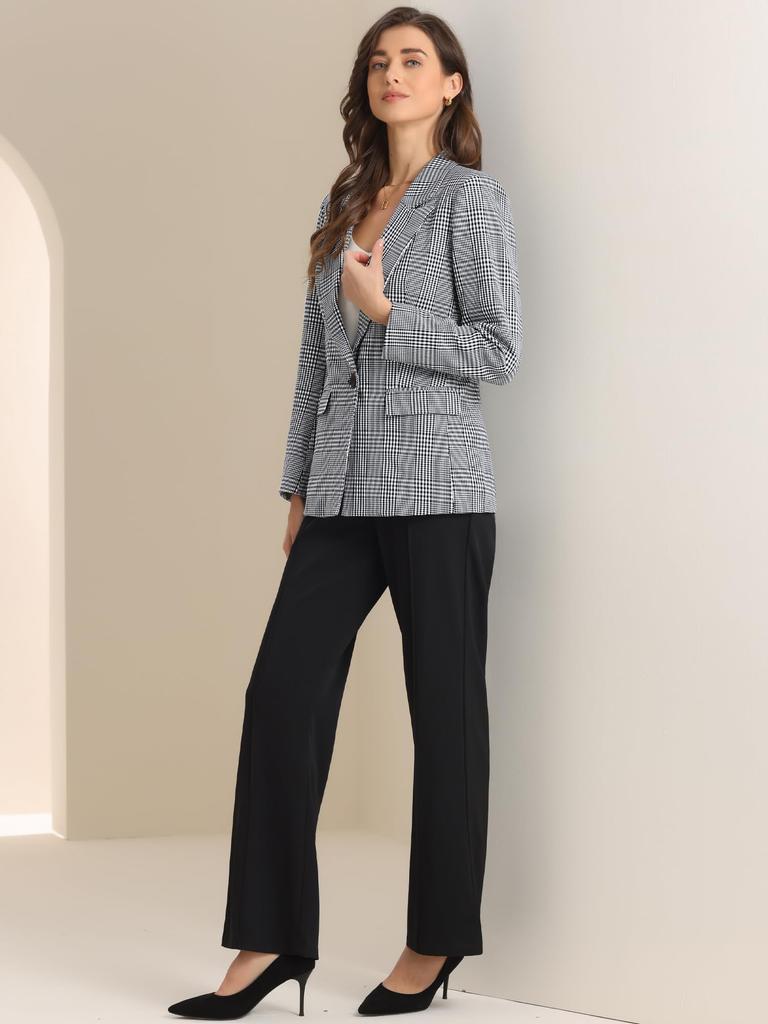 Allegra K Women's Long Sleeve Houndstooth Blazer with One Button and Notch Lapel, Black/White, Size L